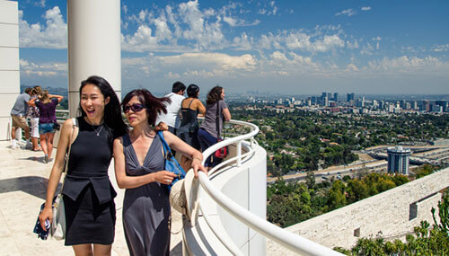 Chinese travelers visit and explore the Getty Museum in Los Angeles.